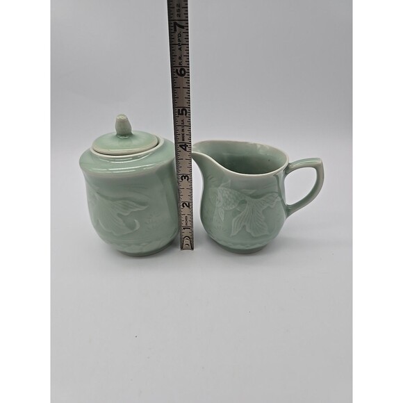 Vintage Chinese Longquan Celadon Green Koi Fish Sugar & Creamer Set 1950-1980 - Picture 7 of 8